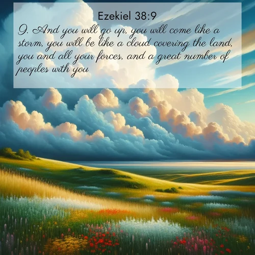 BasicEnglish Ezekiel  ; image nature: image with the bible verse :And you will go up, you will come like a storm, you will be like a cloud covering the land, you and all your forces, and a great number of peoples with you. ; Explore a gallery of beautiful Bible verse images with tranquil natural settings—perfect for phone backgrounds or inspirational posts. Download your favorite verses like KJV Ezekiel 38:9 today. Current verse is overlayed with the thematic nature scene : Summer thunderheads build over grasslands dotted with wildflowers. ; 38:9