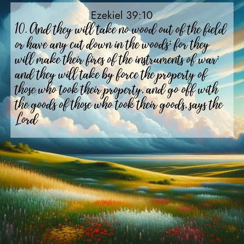 BasicEnglish Ezekiel  ; image nature: image with the bible verse :And they will take no wood out of the field or have any cut down in the woods; for they will make their fires of the instruments of war: and they will take by force the property of those who took their property, and go off with the goods of those who took their goods, says the Lord. ; Discover our unique collection of Bible verse images integrated with photos showcasing the majesty of nature, such as rocky mountains, ancient trees, and crystal-clear lakes. These images feature luminous colors and text in varied fonts, reflecting the harmony of God&#039;s creation. Download verses like KJV Ezekiel 39:10. Current verse is overlayed with the thematic nature scene : Summer thunderheads build over grasslands dotted with wildflowers. ; 39:10