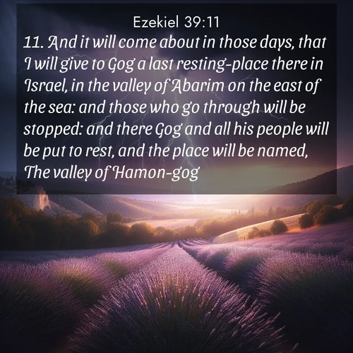 BasicEnglish Ezekiel  ; image nature: image with the bible verse :And it will come about in those days, that I will give to Gog a last resting-place there in Israel, in the valley of Abarim on the east of the sea: and those who go through will be stopped: and there Gog and all his people will be put to rest, and the place will be named, The valley of Hamon-gog. ; Admire Bible images representing autumn, with swirling leaves, misty skies, and vibrant trees. These images inspire profound spiritual reflection. Download and share verses like KJV Ezekiel 39:11. Current verse is overlayed with the thematic nature scene : Lightning illuminates a field of lavender in the Provence countryside. Thunder rolls across the valley like distant drums. ; 39:11