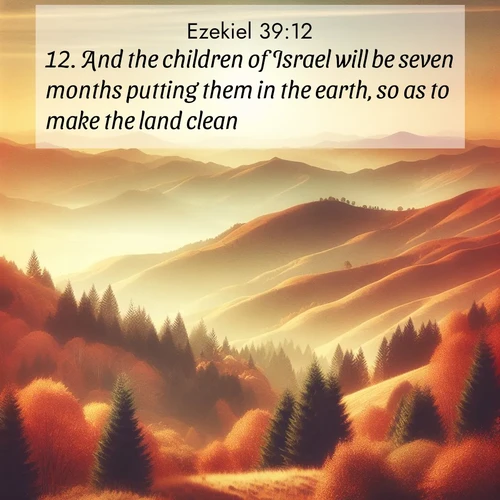 BasicEnglish Ezekiel  ; image nature: image with the bible verse :And the children of Israel will be seven months putting them in the earth, so as to make the land clean. ; Explore an exceptional collection of Bible verse images accompanied by photos of nature, showcasing snowy mountains, serene forests, and still lakes. These images feature luminous tones and varied fonts to bring serenity and inspiration. Share uplifting verses like KJV Ezekiel 39:12. Current verse is overlayed with the thematic nature scene : Autumn colors paint hillsides in warm earth tones. ; 39:12