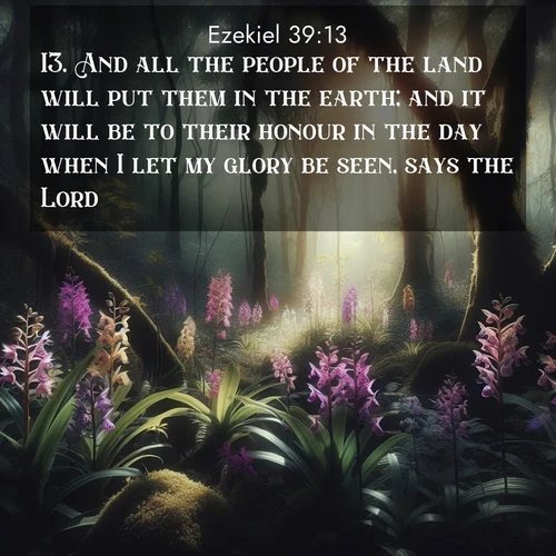 BasicEnglish Ezekiel  ; image nature: image with the bible verse :And all the people of the land will put them in the earth; and it will be to their honour in the day when I let my glory be seen, says the Lord. ; Discover Bible images adorned with spring landscapes, like tulip fields, cherry blossoms, and green hills. These bright scenes symbolize God&#039;s renewal and grace. Download verses like KJV Ezekiel 39:13. Current verse is overlayed with the thematic nature scene : Wild orchids bloom in forest shade. Filtered light reveals their grace. ; 39:13
