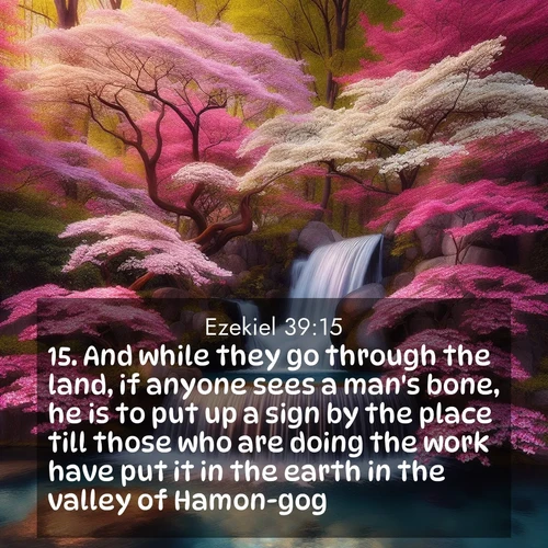 BasicEnglish Ezekiel  ; image nature: image with the bible verse :And while they go through the land, if anyone sees a man&#039;s bone, he is to put up a sign by the place till those who are doing the work have put it in the earth in the valley of Hamon-gog. ; Admire Bible verse images illustrated by summer photos, such as sunny beaches, sparkling waves, and swaying palm trees. These bright scenes highlight the joy and warmth of God&#039;s creation. Download and share verses like KJV Ezekiel 39:15. Current verse is overlayed with the thematic nature scene : A spring cascade plunges into a pool surrounded by flowering dogwood. ; 39:15