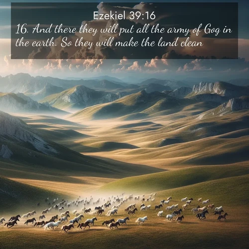 BasicEnglish Ezekiel  ; image nature: image with the bible verse :And there they will put all the army of Gog in the earth. So they will make the land clean. ; Explore Bible verses combined with serene beach photos, desert dunes, and infinite skies, highlighting God&#039;s majesty in every landscape. Download and share inspiring verses like KJV Ezekiel 39:16. Current verse is overlayed with the thematic nature scene : Wild horses gallop across a high mountain plateau. Storm clouds gather ominously on the horizon. ; 39:16