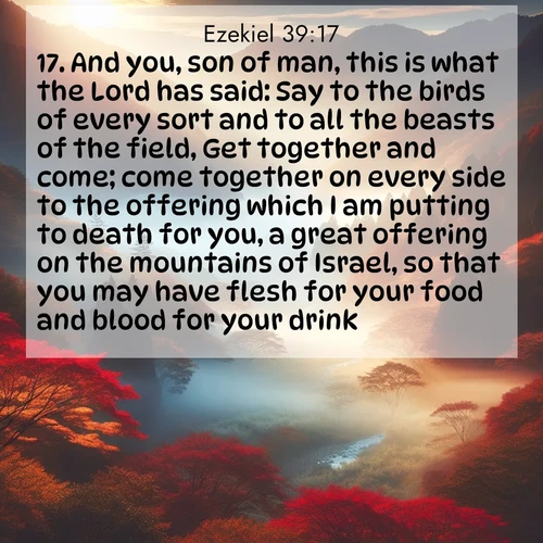 BasicEnglish Ezekiel  ; image nature: image with the bible verse :And you, son of man, this is what the Lord has said: Say to the birds of every sort and to all the beasts of the field, Get together and come; come together on every side to the offering which I am putting to death for you, a great offering on the mountains of Israel, so that you may have flesh for your food and blood for your drink. ; Discover beautiful Bible verse images enriched with natural landscapes, from serene beaches to cascading waterfalls. All images are free and ready to download. Share verses such as KJV Ezekiel 39:17. Current verse is overlayed with the thematic nature scene : Autumn mist rises from a valley dotted with red and gold maples. ; 39:17