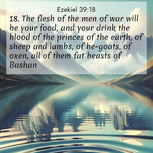 BasicEnglish Ezekiel  ; image nature: image with the bible verse :The flesh of the men of war will be your food, and your drink the blood of the princes of the earth, of sheep and lambs, of he-goats, of oxen, all of them fat beasts of Bashan. ; Access a vast collection of Bible verse images illustrated with natural landscapes like calm rivers, blooming fields, and bright horizons. These images emphasize the serenity and splendor of God&#039;s creation, accompanied by aesthetic fonts and joyful colors. Download verses like KJV Ezekiel 39:18 and share them. Current verse is overlayed with the thematic nature scene : Mountain lakes mirror perfect peaks. Wind ripples shatter reflections. ; 39:18