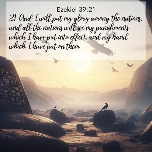 BasicEnglish Ezekiel  ; image nature: image with the bible verse :And I will put my glory among the nations, and all the nations will see my punishments which I have put into effect, and my hand which I have put on them. ; Discover a rich selection of Bible verse images illustrated by natural landscapes like tranquil beaches, golden fields, and majestic trees. These images aim to capture the peace and beauty of God&#039;s creation, with vibrant colors and varied typography. Download and share inspiring verses like KJV Ezekiel 39:21. Current verse is overlayed with the thematic nature scene : Desert petroglyphs tell ancient stories. Ravens soar past wearing shadows for wings. ; 39:21