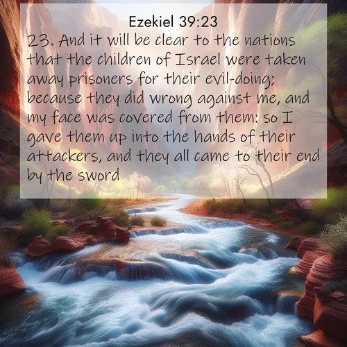BasicEnglish Ezekiel  ; image nature: image with the bible verse :And it will be clear to the nations that the children of Israel were taken away prisoners for their evil-doing; because they did wrong against me, and my face was covered from them: so I gave them up into the hands of their attackers, and they all came to their end by the sword. ; Download high-resolution Bible verse images showcasing the beauty of God&#039;s creation—from radiant sunsets to tranquil rivers. Free for use as wallpapers or sharing verses like KJV Ezekiel 39:23. Current verse is overlayed with the thematic nature scene : Spring floods transform a desert canyon into a rushing river. ; 39:23