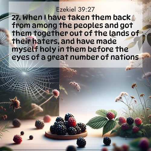 BasicEnglish Ezekiel  ; image nature: image with the bible verse :When I have taken them back from among the peoples and got them together out of the lands of their haters, and have made myself holy in them before the eyes of a great number of nations. ; Explore an exceptional collection of Bible verse images accompanied by photos of nature, showcasing snowy mountains, serene forests, and still lakes. These images feature luminous tones and varied fonts to bring serenity and inspiration. Share uplifting verses like KJV Ezekiel 39:27. Current verse is overlayed with the thematic nature scene : Wild blackberries ripen in secret hollows. Morning spider webs catch dew like diamonds. ; 39:27