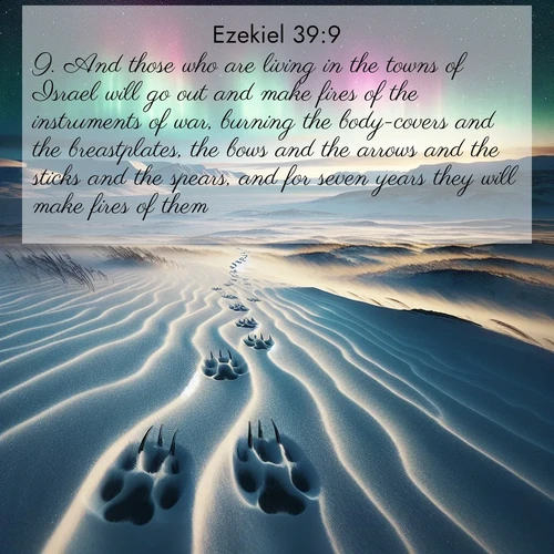 BasicEnglish Ezekiel  ; image nature: image with the bible verse :And those who are living in the towns of Israel will go out and make fires of the instruments of war, burning the body-covers and the breastplates, the bows and the arrows and the sticks and the spears, and for seven years they will make fires of them: ; Browse our library of beautiful Bible verse images, perfect for wallpapers or sharing. Each verse is paired with serene natural landscapes like misty mountains, calming beaches, and colorful sunsets. Download and enjoy verses such as KJV Ezekiel 39:9. Current verse is overlayed with the thematic nature scene : Arctic fox tracks cross windswept tundra. Northern lights pulse overhead in cosmic rhythm. ; 39:9