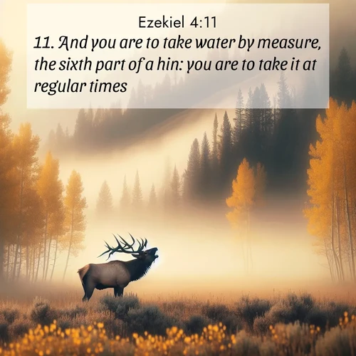 BasicEnglish Ezekiel  ; image nature: image with the bible verse :And you are to take water by measure, the sixth part of a hin: you are to take it at regular times. ; Download Bible verse images featuring vibrant photos of nature, from snowy landscapes to golden deserts. These free images are perfect for phone wallpapers, desktop backgrounds, or sharing. Verses include KJV Ezekiel 4:11. Current verse is overlayed with the thematic nature scene : A bull elk bugles across a misty valley. Aspen leaves quake golden in response. ; 4:11