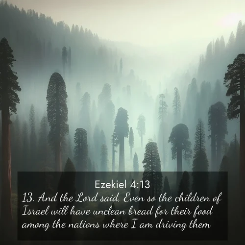 BasicEnglish Ezekiel  ; image nature: image with the bible verse :And the Lord said, Even so the children of Israel will have unclean bread for their food among the nations where I am driving them. ; Admire our autumnal collection of Bible verse images accompanied by photos of paths lined with red and yellow leaves, fiery forests, and calm rivers. These images inspire reflection and serenity. Share verses like KJV Ezekiel 4:13. Current verse is overlayed with the thematic nature scene : Ancient sequoias pierce through valley fog. Centuries of growth reach for filtered light. ; 4:13