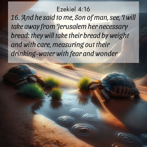 BasicEnglish Ezekiel  ; image nature: image with the bible verse :And he said to me, Son of man, see, I will take away from Jerusalem her necessary bread: they will take their bread by weight and with care, measuring out their drinking-water with fear and wonder: ; Browse an inspiring gallery of Bible verse images with nature photos, such as blooming gardens, golden deserts, and shaded forests. The chosen images capture the peaceful and joyful essence of God&#039;s creation, with vibrant colors and harmonious fonts. Share verses like KJV Ezekiel 4:16. Current verse is overlayed with the thematic nature scene : Desert tortoises emerge after summer rains. Thunder echoes through hidden canyons. ; 4:16