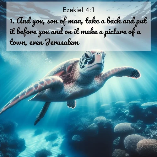 BasicEnglish Ezekiel  ; image nature: image with the bible verse :And you, son of man, take a back and put it before you and on it make a picture of a town, even Jerusalem. ; Admire Bible images evoking autumn, with warm colors of fallen leaves, harvested fields, and tranquil woods. These inspiring landscapes reflect the transition and beauty of God&#039;s creation. Download verses like KJV Ezekiel 4:1. Current verse is overlayed with the thematic nature scene : A sea turtle glides through underwater sunbeams. Coral gardens glow in the depths below. ; 4:1