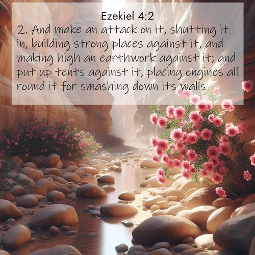 BasicEnglish Ezekiel  ; image nature: image with the bible verse :And make an attack on it, shutting it in, building strong places against it, and making high an earthwork against it; and put up tents against it, placing engines all round it for smashing down its walls. ; Discover inspiring Bible verse images featuring natural wonders like lush forests, sunny horizons, and cascading waterfalls. Perfect for wallpapers or spiritual encouragement. Download verses like KJV Ezekiel 4:2. Current verse is overlayed with the thematic nature scene : Desert roses bloom in a hidden canyon after rare rainfall. Their pink petals contrast against weathered sandstone walls. ; 4:2