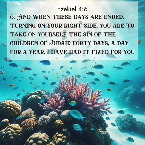 BasicEnglish Ezekiel  ; image nature: image with the bible verse :And when these days are ended, turning on your right side, you are to take on yourself the sin of the children of Judah: forty days, a day for a year, I have had it fixed for you. ; Admire our gallery of Bible verse images paired with serene nature photography, featuring starlit skies, golden sands, and blooming wildflowers. Download and share verses like KJV Ezekiel 4:6. Current verse is overlayed with the thematic nature scene : Tropical fish dart through coral reefs in crystal-clear waters. ; 4:6