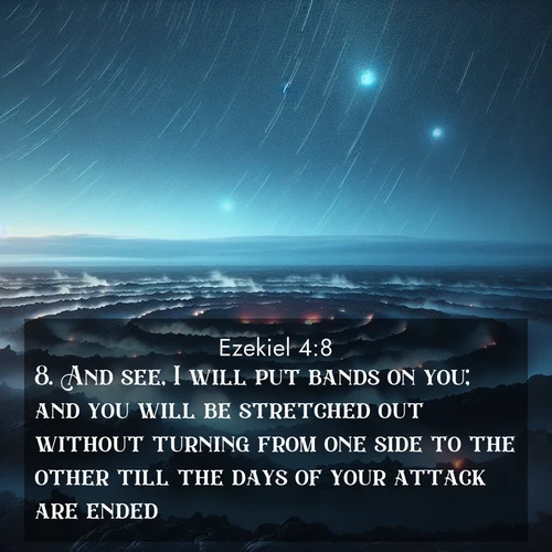 BasicEnglish Ezekiel  ; image nature: image with the bible verse :And see, I will put bands on you; and you will be stretched out without turning from one side to the other till the days of your attack are ended. ; Browse a vast collection of Bible verse images featuring awe-inspiring landscapes such as calm lakes, vibrant sunsets, and peaceful fields. Download them for free and enjoy verses like KJV Ezekiel 4:8. Current verse is overlayed with the thematic nature scene : Volcanic steam rises through a field of black lava. Stars wheel overhead in the thin air. ; 4:8