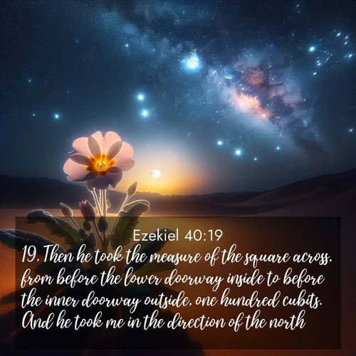 BasicEnglish Ezekiel  ; image nature: image with the bible verse :Then he took the measure of the square across, from before the lower doorway inside to before the inner doorway outside, one hundred cubits. And he took me in the direction of the north, ; Discover tranquil Bible verse images enhanced with natural scenery like rippling brooks, snow-covered fields, and sunlit beaches. These free images are perfect for wallpapers or spiritual reflection. Share KJV Ezekiel 40:19. Current verse is overlayed with the thematic nature scene : Desert primrose opens to stars. Night wind carries sweet perfume. ; 40:19