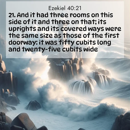 BasicEnglish Ezekiel  ; image nature: image with the bible verse :And it had three rooms on this side of it and three on that; its uprights and its covered ways were the same size as those of the first doorway: it was fifty cubits long and twenty-five cubits wide. ; Admire Bible verse images illustrated by summer photos, such as sunny beaches, sparkling waves, and swaying palm trees. These bright scenes highlight the joy and warmth of God&#039;s creation. Download and share verses like KJV Ezekiel 40:21. Current verse is overlayed with the thematic nature scene : Winter storms send massive waves crashing against lighthouse rocks. ; 40:21