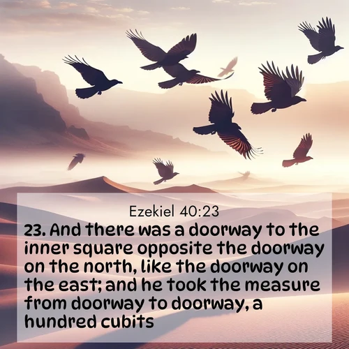 BasicEnglish Ezekiel  ; image nature: image with the bible verse :And there was a doorway to the inner square opposite the doorway on the north, like the doorway on the east; and he took the measure from doorway to doorway, a hundred cubits. ; Explore Bible verse images beautifully illustrated with spring scenes, such as blooming meadows, trees in full bloom, and tranquil streams. These landscapes convey divine hope and vitality. Download and share verses like KJV Ezekiel 40:23. Current verse is overlayed with the thematic nature scene : Desert ravens soar on thermal currents. Their wings wear shadows like cloaks. ; 40:23