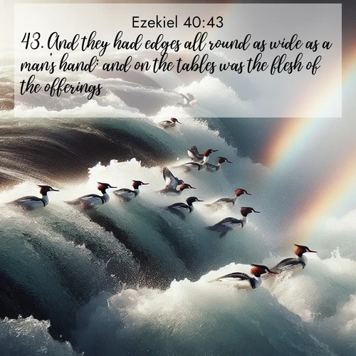 BasicEnglish Ezekiel  ; image nature: image with the bible verse :And they had edges all round as wide as a man&#039;s hand: and on the tables was the flesh of the offerings. ; Browse a gallery of Bible verses paired with summer scenes, such as golden wheat fields, bright skies, and sunny beaches. These images convey the joy and warmth of God&#039;s creation. Download and share verses like KJV Ezekiel 40:43. Current verse is overlayed with the thematic nature scene : Wild mergansers ride white water rapids. Spray creates endless rainbows. ; 40:43