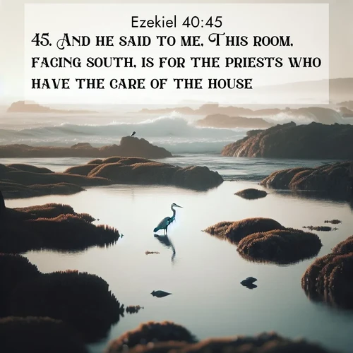 BasicEnglish Ezekiel  ; image nature: image with the bible verse :And he said to me, This room, facing south, is for the priests who have the care of the house. ; Admire Bible verse images featuring tranquil rivers, golden fields, and starry heavens. These free-to-download images make inspiring wallpapers or thoughtful gifts. Download KJV Ezekiel 40:45 now. Current verse is overlayed with the thematic nature scene : A great blue heron fishes in tidal pools. Waves crash on distant reefs. ; 40:45