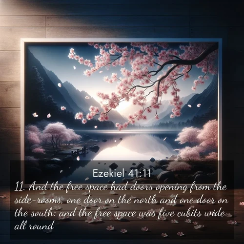 BasicEnglish Ezekiel  ; image nature: image with the bible verse :And the free space had doors opening from the side-rooms, one door on the north and one door on the south: and the free space was five cubits wide all round. ; Browse a gallery of Bible verses paired with summer scenes, such as golden wheat fields, bright skies, and sunny beaches. These images convey the joy and warmth of God&#039;s creation. Download and share verses like KJV Ezekiel 41:11. Current verse is overlayed with the thematic nature scene : Cherry blossoms swirl in a spring breeze. Their petals dust the surface of a still mountain pond. ; 41:11