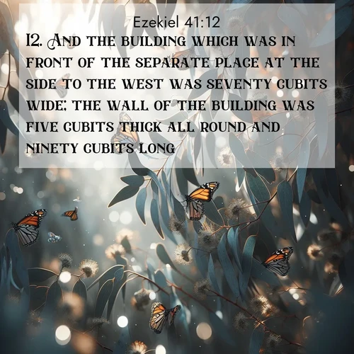 BasicEnglish Ezekiel  ; image nature: image with the bible verse :And the building which was in front of the separate place at the side to the west was seventy cubits wide; the wall of the building was five cubits thick all round and ninety cubits long. ; Explore serene Bible verse images adorned with photos of divine creation—tranquil beaches, snowy mountains, and starry skies. Each image is free to download and share. Verses include KJV Ezekiel 41:12. Current verse is overlayed with the thematic nature scene : Monarch butterflies cluster on eucalyptus branches in winter sun. ; 41:12