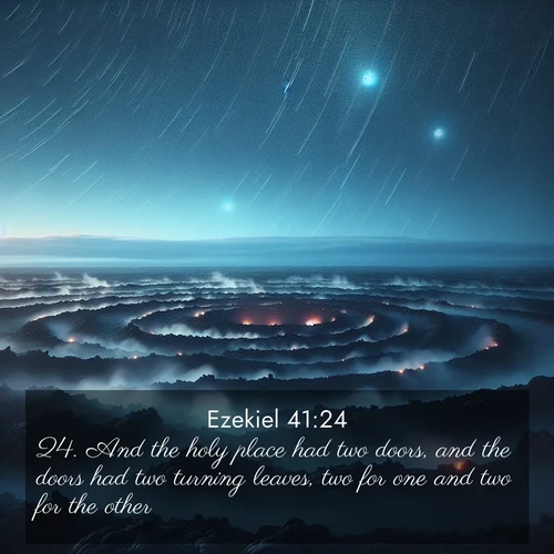 BasicEnglish Ezekiel  ; image nature: image with the bible verse :And the holy place had two doors, and the doors had two turning leaves, two for one and two for the other. ; Download high-resolution Bible verse images showcasing the beauty of God&#039;s creation—from radiant sunsets to tranquil rivers. Free for use as wallpapers or sharing verses like KJV Ezekiel 41:24. Current verse is overlayed with the thematic nature scene : Volcanic steam rises through a field of black lava. Stars wheel overhead in the thin air. ; 41:24