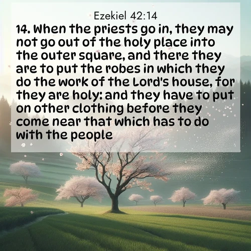 BasicEnglish Ezekiel  ; image nature: image with the bible verse :When the priests go in, they may not go out of the holy place into the outer square, and there they are to put the robes in which they do the work of the Lord&#039;s house, for they are holy: and they have to put on other clothing before they come near that which has to do with the people. ; Explore winter-themed Bible verse images illustrated by snowy mountains, frost-covered branches, and clear skies. These landscapes reflect divine purity and peace. Download verses like KJV Ezekiel 42:14. Current verse is overlayed with the thematic nature scene : Spring winds scatter cherry blossoms like snow. ; 42:14