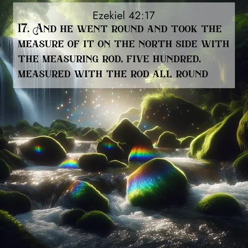 BasicEnglish Ezekiel  ; image nature: image with the bible verse :And he went round and took the measure of it on the north side with the measuring rod, five hundred, measured with the rod all round. ; Discover Bible verse images capturing the warmth of summer, with beach landscapes, sunlit fields, and clear skies. These bright scenes reflect divine joy. Share verses like KJV Ezekiel 42:17. Current verse is overlayed with the thematic nature scene : Rainbow prisms dance in a waterfall&#039;s spray. Moss glows emerald in filtered light. ; 42:17