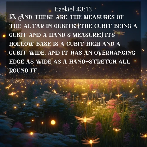 BasicEnglish Ezekiel  ; image nature: image with the bible verse :And these are the measures of the altar in cubits: (the cubit being a cubit and a hand&#039;s measure;) its hollow base is a cubit high and a cubit wide, and it has an overhanging edge as wide as a hand-stretch all round it: ; Explore Bible verse images beautifully illustrated with spring scenes, such as blooming meadows, trees in full bloom, and tranquil streams. These landscapes convey divine hope and vitality. Download and share verses like KJV Ezekiel 43:13. Current verse is overlayed with the thematic nature scene : Fireflies dance above a spring meadow filled with singing crickets. ; 43:13