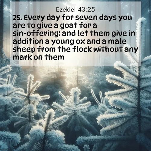 BasicEnglish Ezekiel  ; image nature: image with the bible verse :Every day for seven days you are to give a goat for a sin-offering: and let them give in addition a young ox and a male sheep from the flock without any mark on them. ; Admire Bible verse images illustrated by desert scenes, such as sunsets over dunes, majestic rocks, and solitary cacti. These images capture the majesty of God in arid places. Download and share verses like KJV Ezekiel 43:25. Current verse is overlayed with the thematic nature scene : Morning frost rimes every pine needle. Weak winter sun struggles to pierce the forest. ; 43:25