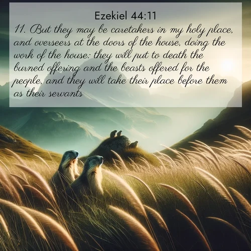 BasicEnglish Ezekiel  ; image nature: image with the bible verse :But they may be caretakers in my holy place, and overseers at the doors of the house, doing the work of the house: they will put to death the burned offering and the beasts offered for the people, and they will take their place before them as their servants. ; Download Bible verse images featuring vibrant photos of nature, from snowy landscapes to golden deserts. These free images are perfect for phone wallpapers, desktop backgrounds, or sharing. Verses include KJV Ezekiel 44:11. Current verse is overlayed with the thematic nature scene : Mountain meadow grasses bend in wind. Marmots whistle from rocky outcrops. ; 44:11