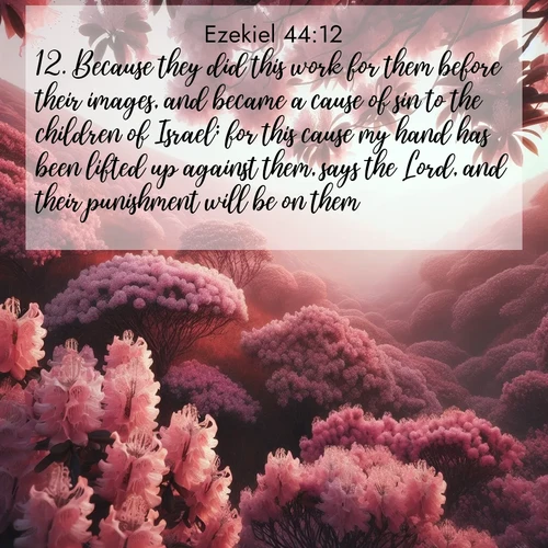 BasicEnglish Ezekiel  ; image nature: image with the bible verse :Because they did this work for them before their images, and became a cause of sin to the children of Israel; for this cause my hand has been lifted up against them, says the Lord, and their punishment will be on them. ; Explore a collection of free Bible verse images paired with serene landscapes like golden beaches, verdant forests, and clear blue skies. Each image is ideal for desktop or phone wallpapers. Share verses like KJV Ezekiel 44:12. Current verse is overlayed with the thematic nature scene : Mountain laurel blooms paint hillsides pink. Spring breezes carry their honey scent. ; 44:12