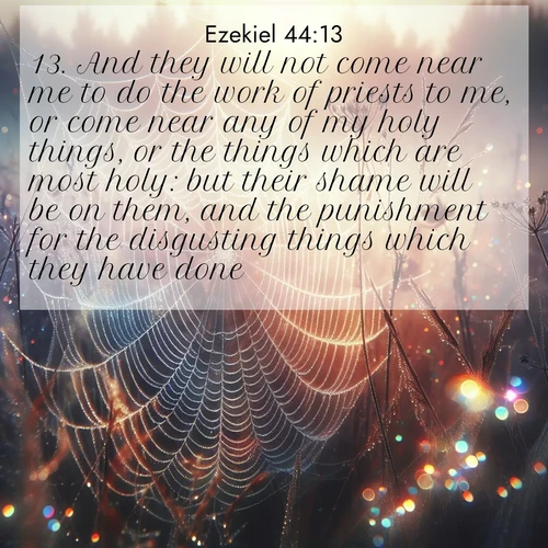 BasicEnglish Ezekiel  ; image nature: image with the bible verse :And they will not come near me to do the work of priests to me, or come near any of my holy things, or the things which are most holy: but their shame will be on them, and the punishment for the disgusting things which they have done. ; Explore a gallery of beautiful Bible verse images with tranquil natural settings—perfect for phone backgrounds or inspirational posts. Download your favorite verses like KJV Ezekiel 44:13 today. Current verse is overlayed with the thematic nature scene : Morning fog reveals spider web galaxies. Dew drops catch rainbow light. ; 44:13