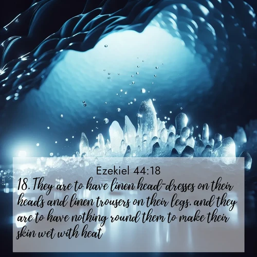 BasicEnglish Ezekiel  ; image nature: image with the bible verse :They are to have linen head-dresses on their heads and linen trousers on their legs, and they are to have nothing round them to make their skin wet with heat. ; Admire our autumnal collection of Bible verse images accompanied by photos of paths lined with red and yellow leaves, fiery forests, and calm rivers. These images inspire reflection and serenity. Share verses like KJV Ezekiel 44:18. Current verse is overlayed with the thematic nature scene : Ice caves glow with ethereal blue light. Water drops create crystalline music. ; 44:18