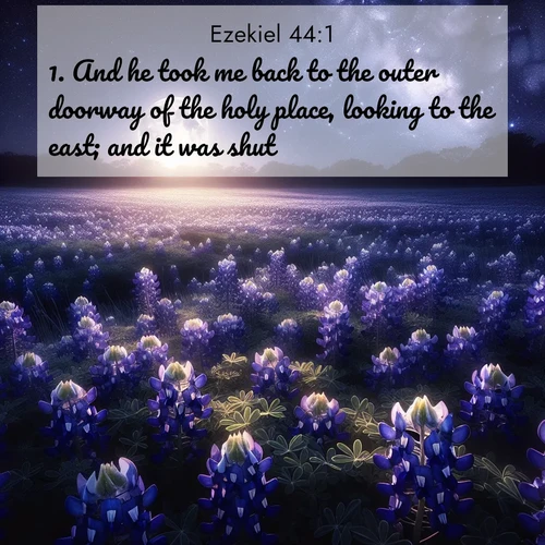 BasicEnglish Ezekiel  ; image nature: image with the bible verse :And he took me back to the outer doorway of the holy place, looking to the east; and it was shut. ; Explore a unique collection of Bible verses illustrated by winter landscapes, such as snowy mountains, frosty forests, and starry skies. These images capture the peace and beauty of winter. Share verses like KJV Ezekiel 44:1. Current verse is overlayed with the thematic nature scene : Moonlight illuminates a field of bluebonnets. A warm breeze carries their sweet fragrance across the prairie. ; 44:1