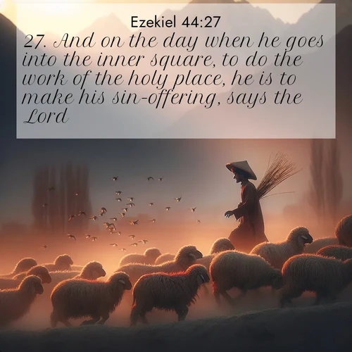 BasicEnglish Ezekiel  ; image nature: image with the bible verse :And on the day when he goes into the inner square, to do the work of the holy place, he is to make his sin-offering, says the Lord. ; Browse Bible images illustrated by desert landscapes, with endless skies, golden dunes, and isolated palm trees. These images evoke the calm and grandeur of God&#039;s creation. Download inspiring verses like KJV Ezekiel 44:27. Current verse is overlayed with the thematic nature scene : A shepherd guides his flock home. Sunset paints wool golden red. ; 44:27