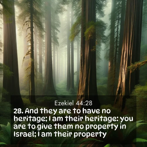 BasicEnglish Ezekiel  ; image nature: image with the bible verse :And they are to have no heritage; I am their heritage: you are to give them no property in Israel; I am their property. ; Explore winter-themed Bible verse images illustrated by snowy mountains, frost-covered branches, and clear skies. These landscapes reflect divine purity and peace. Download verses like KJV Ezekiel 44:28. Current verse is overlayed with the thematic nature scene : Coastal redwoods disappear into the fog high above a fern grove. ; 44:28