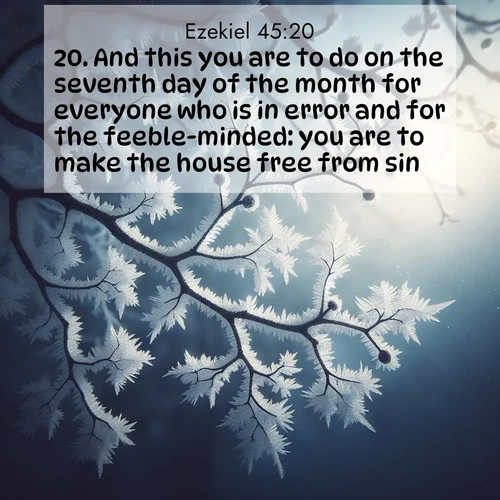 BasicEnglish Ezekiel  ; image nature: image with the bible verse :And this you are to do on the seventh day of the month for everyone who is in error and for the feeble-minded: you are to make the house free from sin. ; Admire Bible images evoking autumn, with warm colors of fallen leaves, harvested fields, and tranquil woods. These inspiring landscapes reflect the transition and beauty of God&#039;s creation. Download verses like KJV Ezekiel 45:20. Current verse is overlayed with the thematic nature scene : Winter frost coats bare branches in delicate crystal. ; 45:20