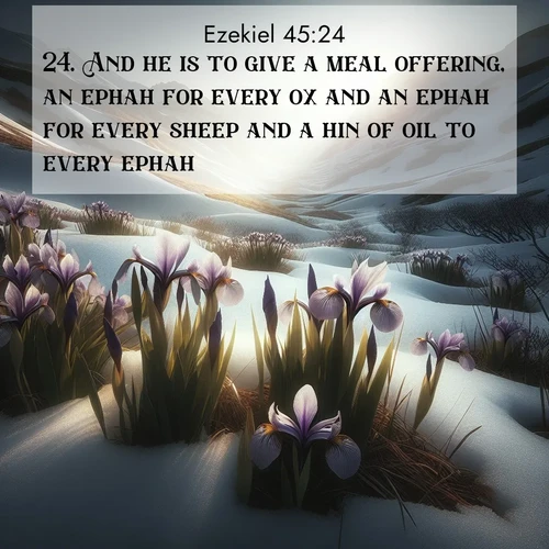 BasicEnglish Ezekiel  ; image nature: image with the bible verse :And he is to give a meal offering, an ephah for every ox and an ephah for every sheep and a hin of oil to every ephah. ; Explore an inspiring selection of Bible verse images adorned with nature photos, such as starry skies, verdant hills, and golden beaches. Each image reflects the peace and beauty of God&#039;s creation with vibrant colors and varied fonts. Share uplifting verses like KJV Ezekiel 45:24. Current verse is overlayed with the thematic nature scene : Wild irises pierce winter&#039;s last snow. Alpine light sets their petals ablaze. ; 45:24