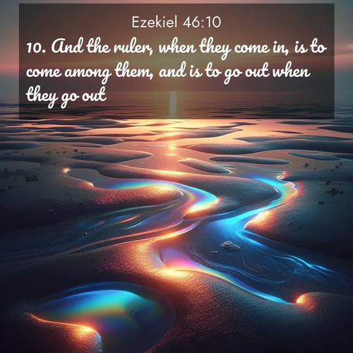 BasicEnglish Ezekiel  ; image nature: image with the bible verse :And the ruler, when they come in, is to come among them, and is to go out when they go out. ; Explore beautiful Bible verse images paired with serene natural settings, such as calm seas, snowy paths, and verdant hills. Each image is free to download for your spiritual inspiration. Share KJV Ezekiel 46:10. Current verse is overlayed with the thematic nature scene : Tidal pools reflect sunset colors at low tide. ; 46:10