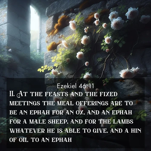 BasicEnglish Ezekiel  ; image nature: image with the bible verse :At the feasts and the fixed meetings the meal offerings are to be an ephah for an ox, and an ephah for a male sheep, and for the lambs whatever he is able to give, and a hin of oil to an ephah. ; Admire Bible verse images capturing the beauty of beaches, with turquoise waters, palm trees, and peaceful shores. These soothing scenes reflect God&#039;s serenity and majesty. Download and share verses like KJV Ezekiel 46:11. Current verse is overlayed with the thematic nature scene : Wild roses climb abandoned stone walls. Time stands still in the secret garden. ; 46:11