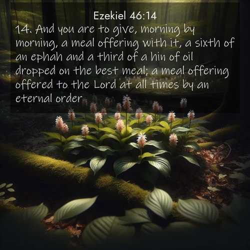 BasicEnglish Ezekiel  ; image nature: image with the bible verse :And you are to give, morning by morning, a meal offering with it, a sixth of an ephah and a third of a hin of oil dropped on the best meal; a meal offering offered to the Lord at all times by an eternal order. ; Dive into our collection of Bible verse images combined with sublime nature photos, such as graceful waterfalls, radiant sunsets, and endless meadows. These compositions highlight the peace and harmony of God&#039;s creation with vivid colors and carefully integrated text. Download and share verses like KJV Ezekiel 46:14. Current verse is overlayed with the thematic nature scene : Wild ginger blooms hidden in forest shadows. Filtered sunlight reveals their secret beauty. ; 46:14