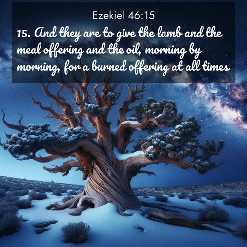 BasicEnglish Ezekiel  ; image nature: image with the bible verse :And they are to give the lamb and the meal offering and the oil, morning by morning, for a burned offering at all times. ; Explore our vast collection of images featuring beautifully illustrated Bible verses accompanied by nature photos. Discover inspiring and motivating verses paired with soothing landscapes, like shimmering lakes, majestic mountains, and lush forests. Our images highlight the peaceful beauty of God&#039;s creation with vibrant colors and varied fonts. Download and share verse images like KJV Ezekiel 46:15. Current verse is overlayed with the thematic nature scene : Ancient bristlecone pine twists against a navy twilight sky, its gnarled branches laden with fresh snow. The Milky Way arcs overhead in crystalline clarity. ; 46:15