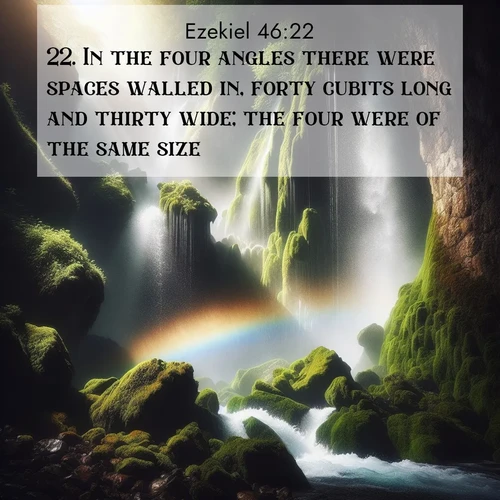 BasicEnglish Ezekiel  ; image nature: image with the bible verse :In the four angles there were spaces walled in, forty cubits long and thirty wide; the four were of the same size. ; Admire Bible verse images illustrated by desert scenes, such as sunsets over dunes, majestic rocks, and solitary cacti. These images capture the majesty of God in arid places. Download and share verses like KJV Ezekiel 46:22. Current verse is overlayed with the thematic nature scene : A waterfall thunders through ancient moss-covered rocks while rainbow mist rises where water meets stone. ; 46:22