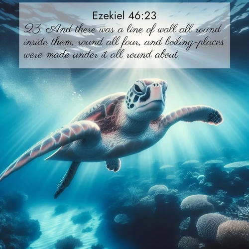 BasicEnglish Ezekiel  ; image nature: image with the bible verse :And there was a line of wall all round inside them, round all four, and boiling-places were made under it all round about. ; Discover Bible verse images capturing the warmth of summer, with beach landscapes, sunlit fields, and clear skies. These bright scenes reflect divine joy. Share verses like KJV Ezekiel 46:23. Current verse is overlayed with the thematic nature scene : A sea turtle glides through underwater sunbeams. Coral gardens glow in the depths below. ; 46:23