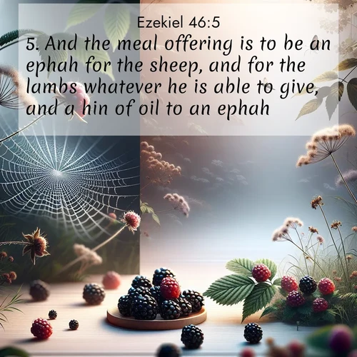 BasicEnglish Ezekiel  ; image nature: image with the bible verse :And the meal offering is to be an ephah for the sheep, and for the lambs whatever he is able to give, and a hin of oil to an ephah. ; Download Bible verse images featuring vibrant photos of nature, from snowy landscapes to golden deserts. These free images are perfect for phone wallpapers, desktop backgrounds, or sharing. Verses include KJV Ezekiel 46:5. Current verse is overlayed with the thematic nature scene : Wild blackberries ripen in secret hollows. Morning spider webs catch dew like diamonds. ; 46:5