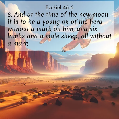 BasicEnglish Ezekiel  ; image nature: image with the bible verse :And at the time of the new moon it is to be a young ox of the herd without a mark on him, and six lambs and a male sheep, all without a mark: ; Explore a rich collection of Bible verse images beautifully illustrated by natural landscapes, such as colorful skies, towering mountains, and tranquil rivers. The images highlight the serenity of God&#039;s creation with vivid tones and carefully chosen typography. Download and share inspiring verses like KJV Ezekiel 46:6. Current verse is overlayed with the thematic nature scene : Desert hawks soar thermal currents. Red cliffs catch golden light. ; 46:6