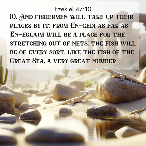 BasicEnglish Ezekiel  ; image nature: image with the bible verse :And fishermen will take up their places by it: from En-gedi as far as En-eglaim will be a place for the stretching out of nets; the fish will be of every sort, like the fish of the Great Sea, a very great number. ; Dive into a gallery of Bible verses illustrated by tropical beach scenes, featuring sparkling waves, seashells, and radiant sunrises. These images evoke divine peace and joy. Download and share inspiring verses like KJV Ezekiel 47:10. Current verse is overlayed with the thematic nature scene : Desert lizards bask on sun-warmed rocks near ancient ruins. ; 47:10
